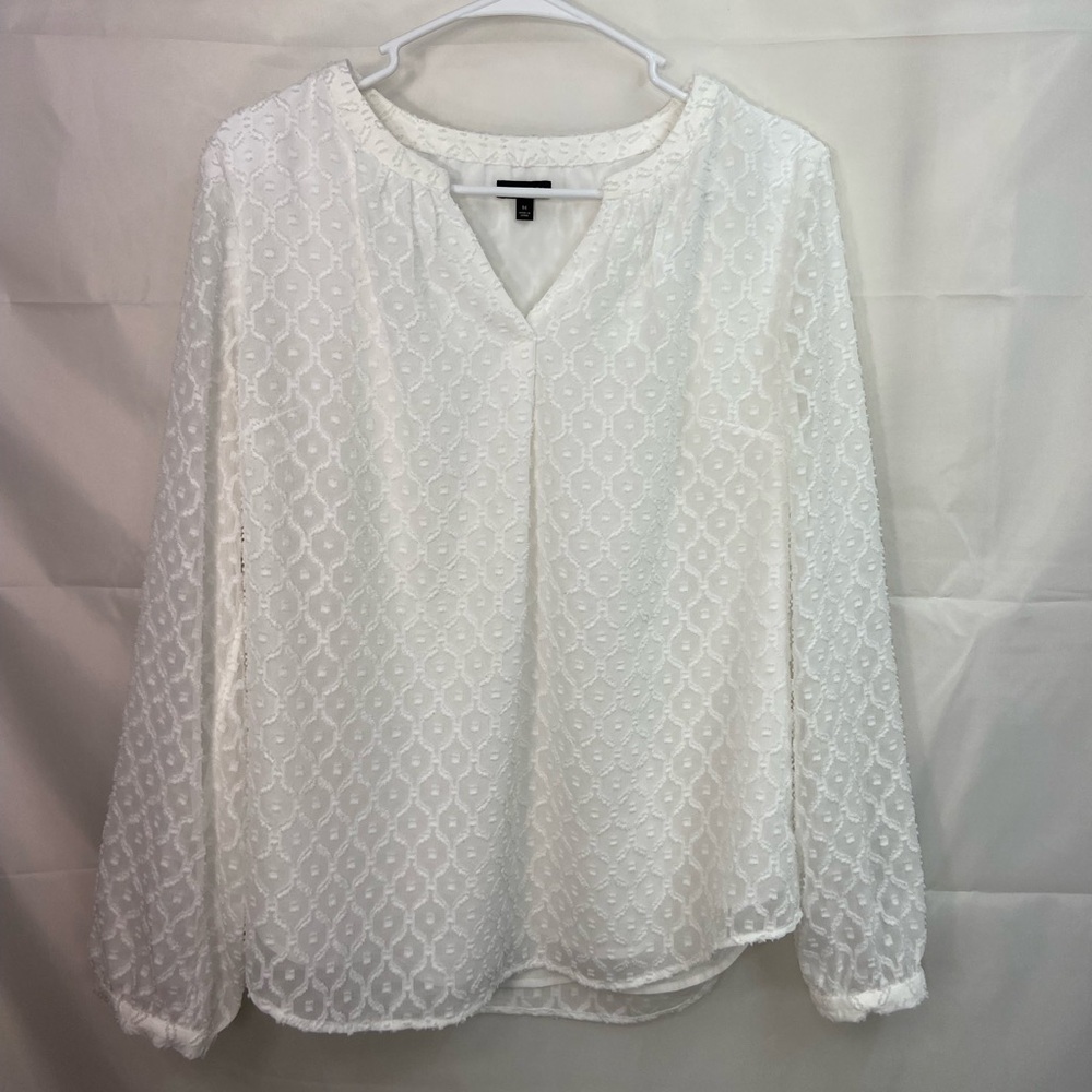 Talbots women’s white textured sheer lined long sleeve vneck blouse shirt medium